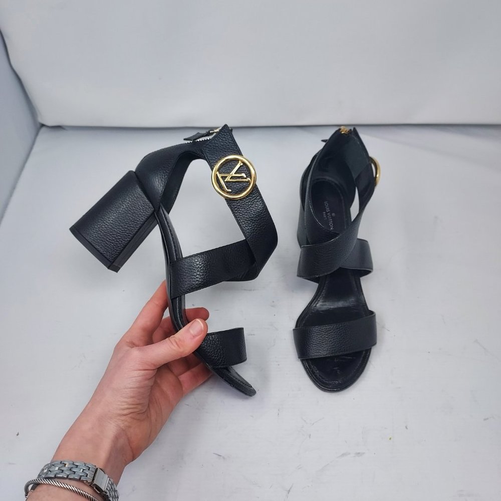 Louis Vuitton Black Leather Block Heel Sandals with Gold LV Logo